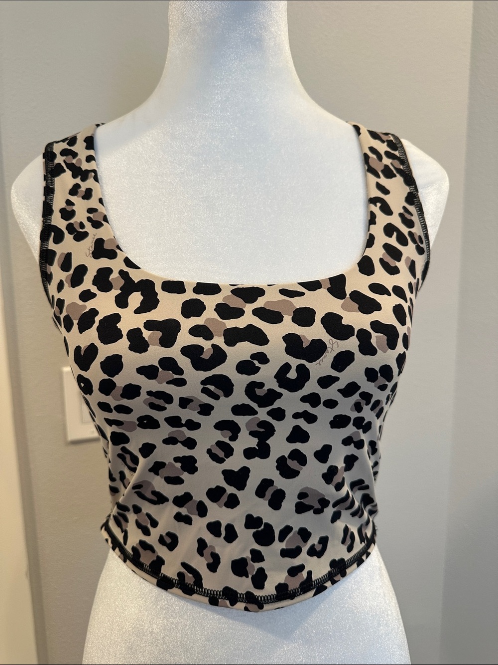 Stance Beige and Black Leopard Square cropped exercise sports top